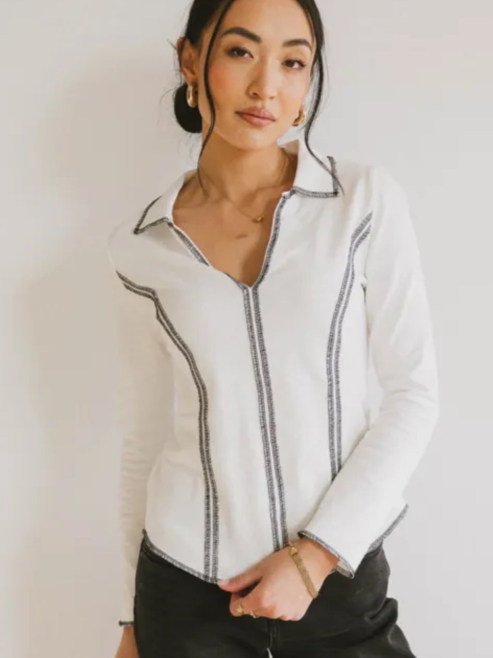 Pilcro White Collard Top with Black Contrast Stitching